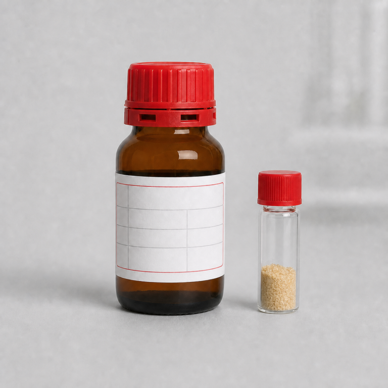 Representative amber reagent bottle and sealed microvial containing a light yellow crystalline sample for 1,1,2-trimethyl-1H-benzo[e]indole.