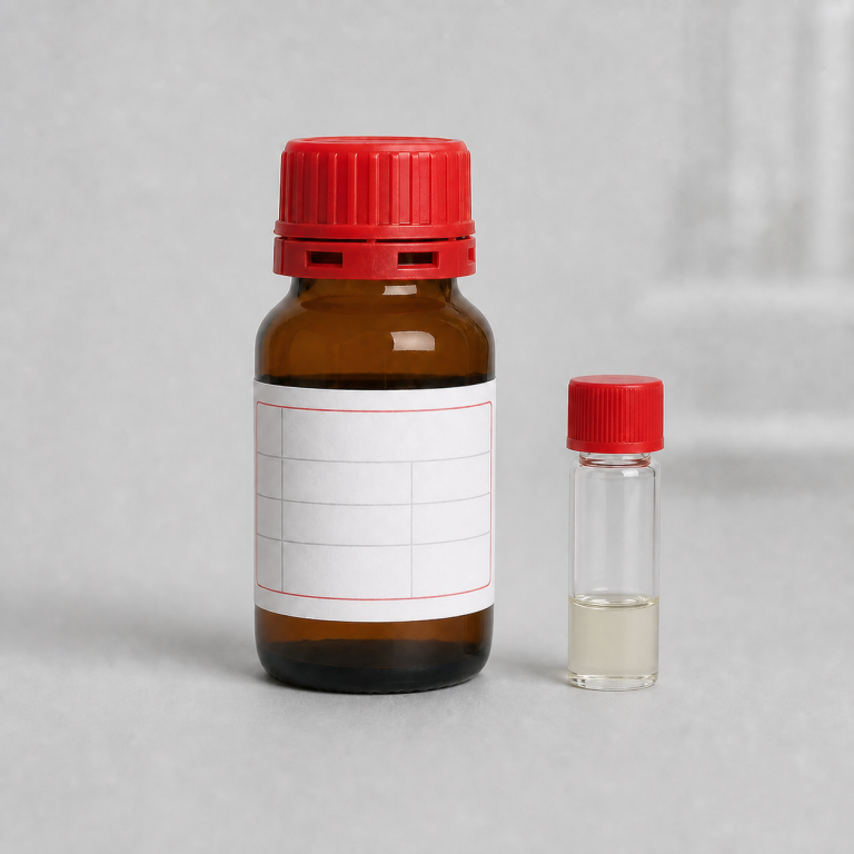 Representative amber reagent bottle and sealed microvial containing a clear pale liquid sample for 1-(3-methoxypropyl)piperidin-4-amine.