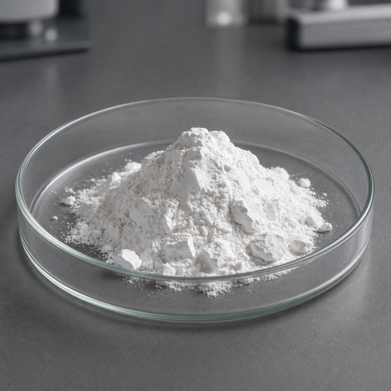 Fine white 3-O-ethyl-L-ascorbic acid powder with small natural agglomerates displayed in a clear glass dish on a gray laboratory worktop.