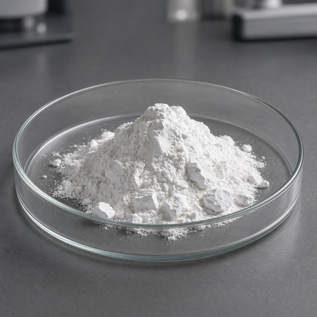 Fine white 3-O-ethyl-L-ascorbic acid powder with small natural agglomerates displayed in a clear glass dish on a gray laboratory worktop.