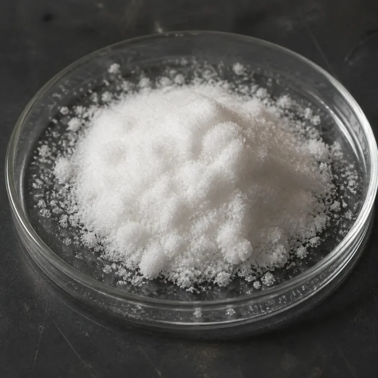 Fine white salt-like cyclohexyldimethylethylammonium bromide crystals displayed in a clear glass dish on a laboratory worktop.