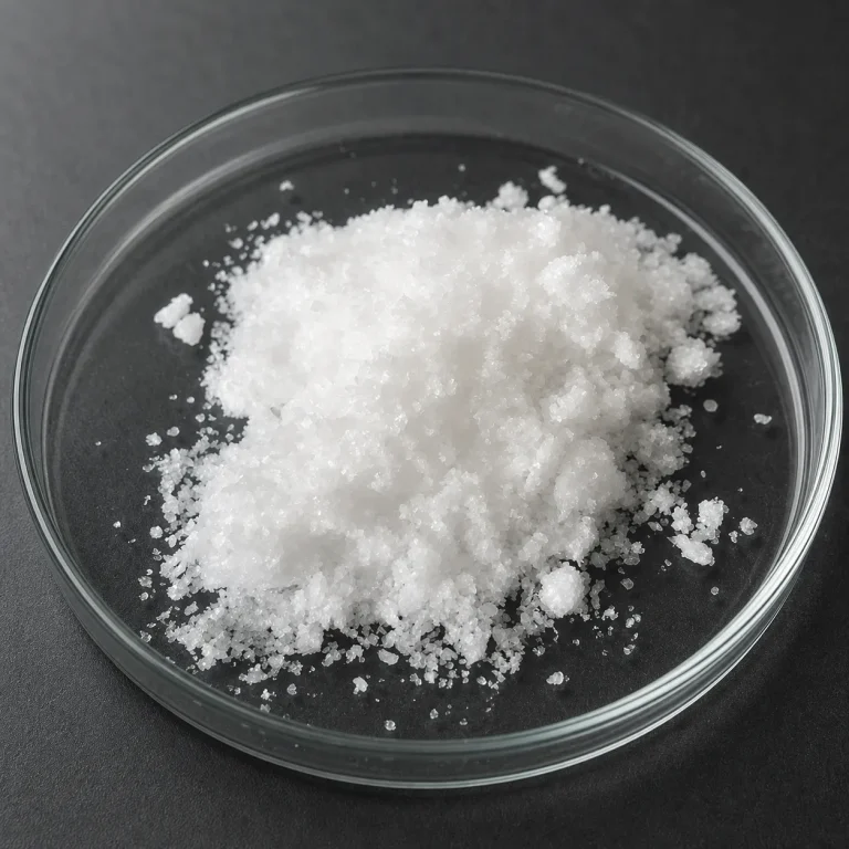 White crystalline dodecyltrimethylammonium chloride sample displayed in a clear glass dish on a dark laboratory surface.