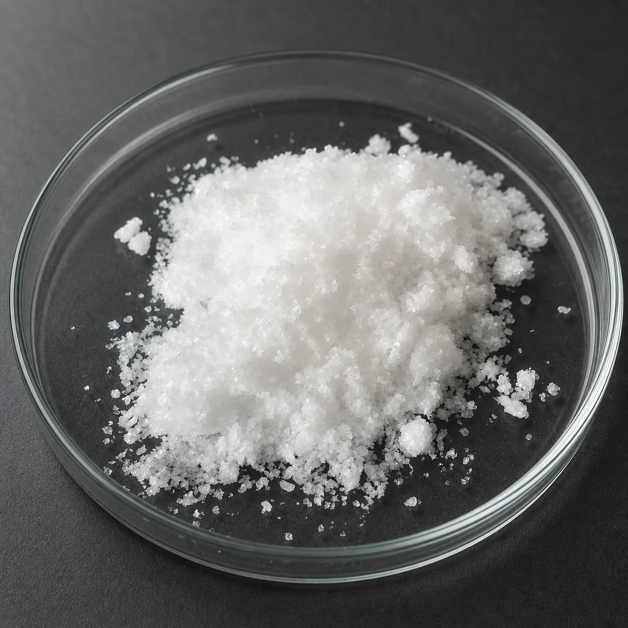 White crystalline dodecyltrimethylammonium chloride sample displayed in a clear glass dish on a dark laboratory surface.