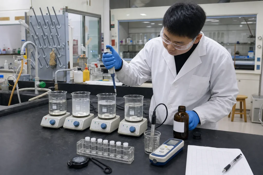 Chinese laboratory technician comparing clarity and foam behavior while screening cationic surfactant dosage in industrial water samples.