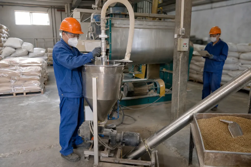 Chinese feed mill operators monitoring the controlled dosing of choline chloride into a poultry feed premix system.