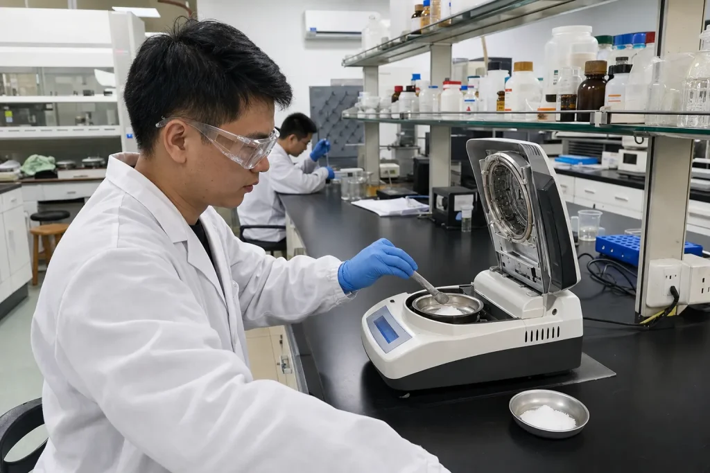 Chinese quality-control technician comparing the moisture content of cetylpyridinium chloride monohydrate and anhydrous samples in a chemical laboratory.