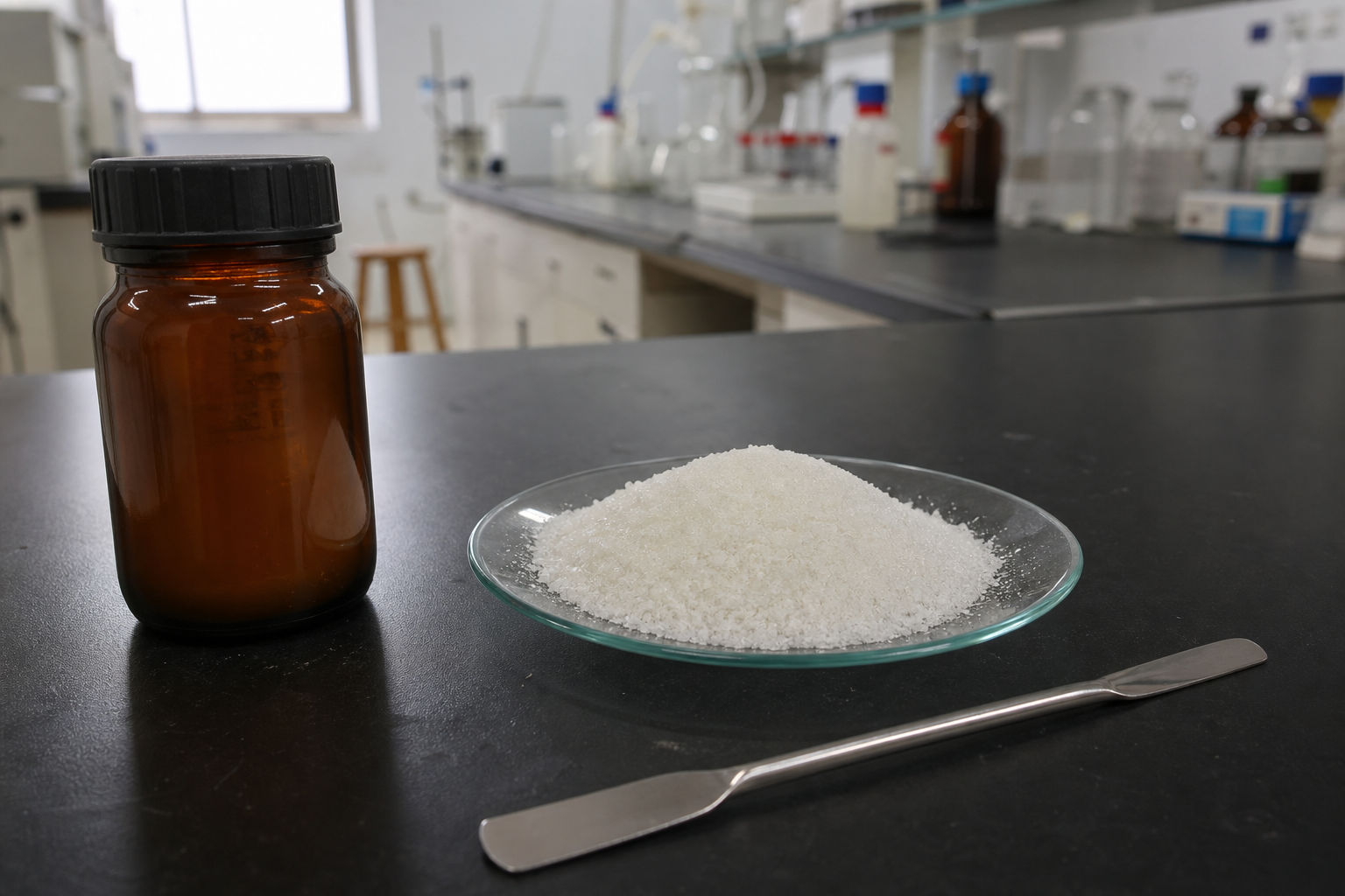 Fine white cetylpyridinium chloride monohydrate crystalline powder displayed on a glass watch dish in a chemical laboratory.