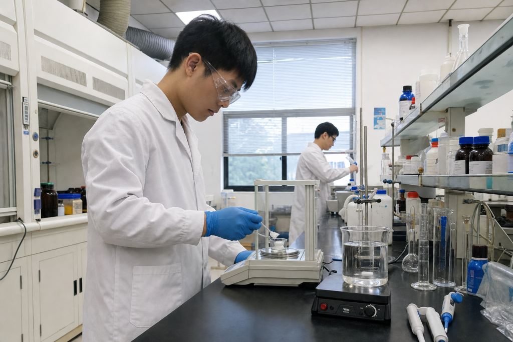 Chinese laboratory technician weighing cetylpyridinium chloride monohydrate during development of a clear oral care formulation.