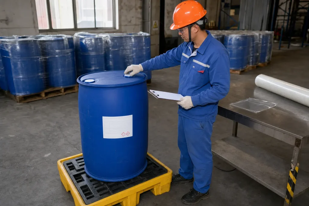 Chinese export inspector checking the closure and label layout of a sealed blue chemical drum before packing for GCC shipment.