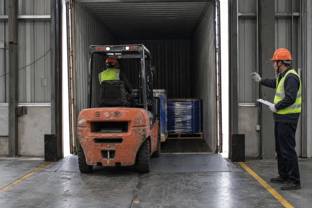 Chinese forklift operator loading wrapped pallets of sealed blue chemical drums into a level dry freight container from a warehouse dock.