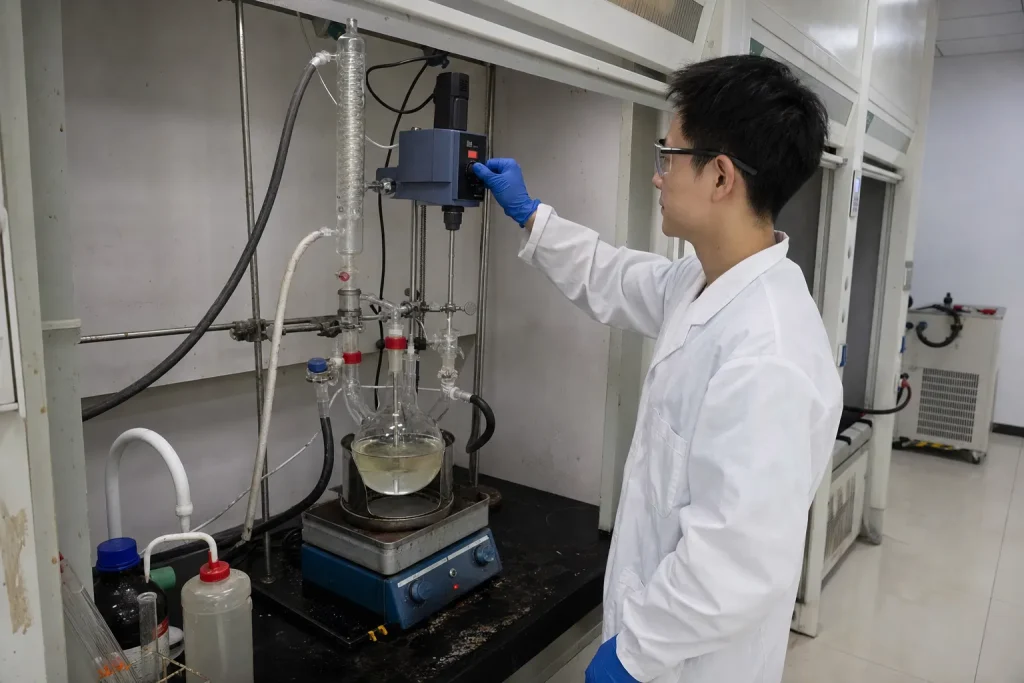 Chinese laboratory technician monitoring a small-scale oil-water biphasic reaction used to evaluate phase-transfer catalyst performance.