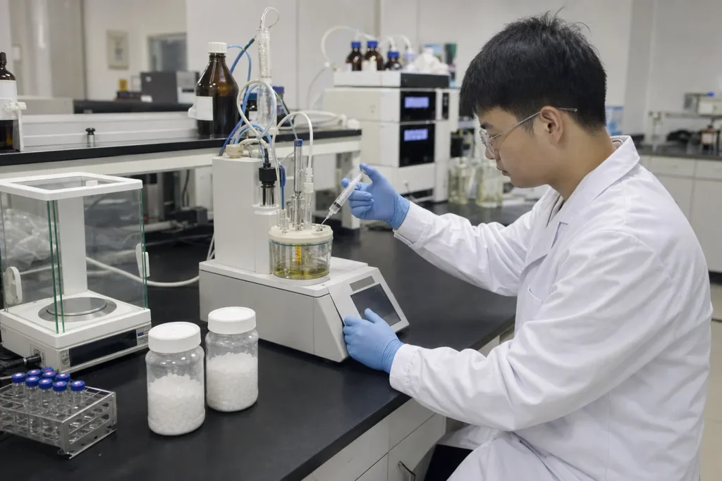 Chinese laboratory technician performing Karl Fischer moisture analysis on quaternary ammonium salt samples with HPLC equipment in the background.