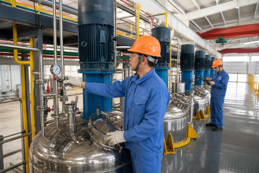 Chinese chemical plant operators monitoring stainless steel reactors during controlled production of quaternary salt phase-transfer catalysts.
