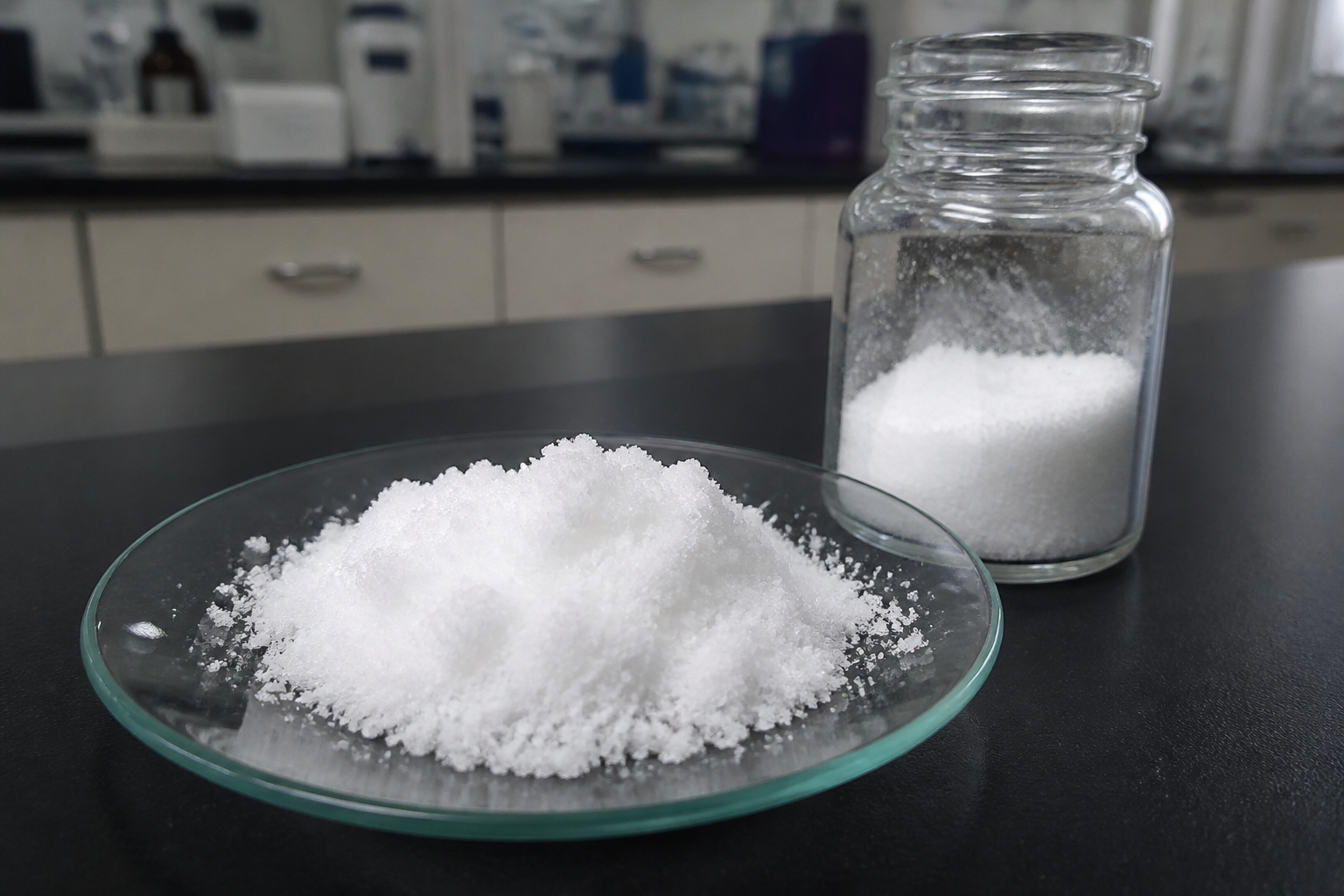 Fine white tetrabutylammonium bromide crystalline powder displayed on a glass watch dish in a chemical laboratory.