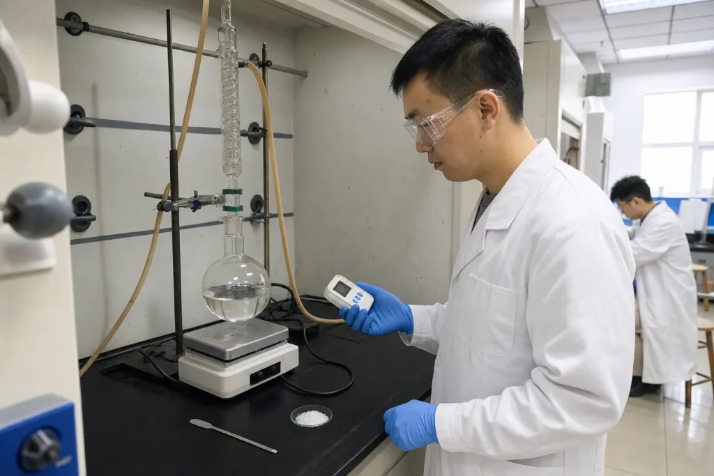 Chinese laboratory chemist monitoring a two-phase organic reaction using benzyltriethylammonium chloride as a phase-transfer catalyst.