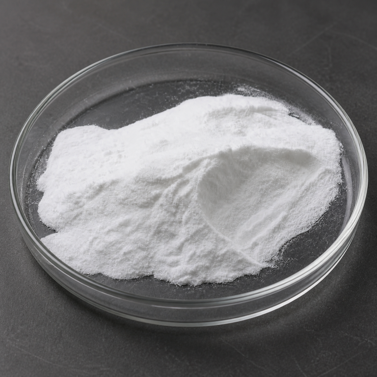 Fine white tetrabutylammonium hydrogen sulfate powder displayed in a clear glass dish on a dark laboratory surface.