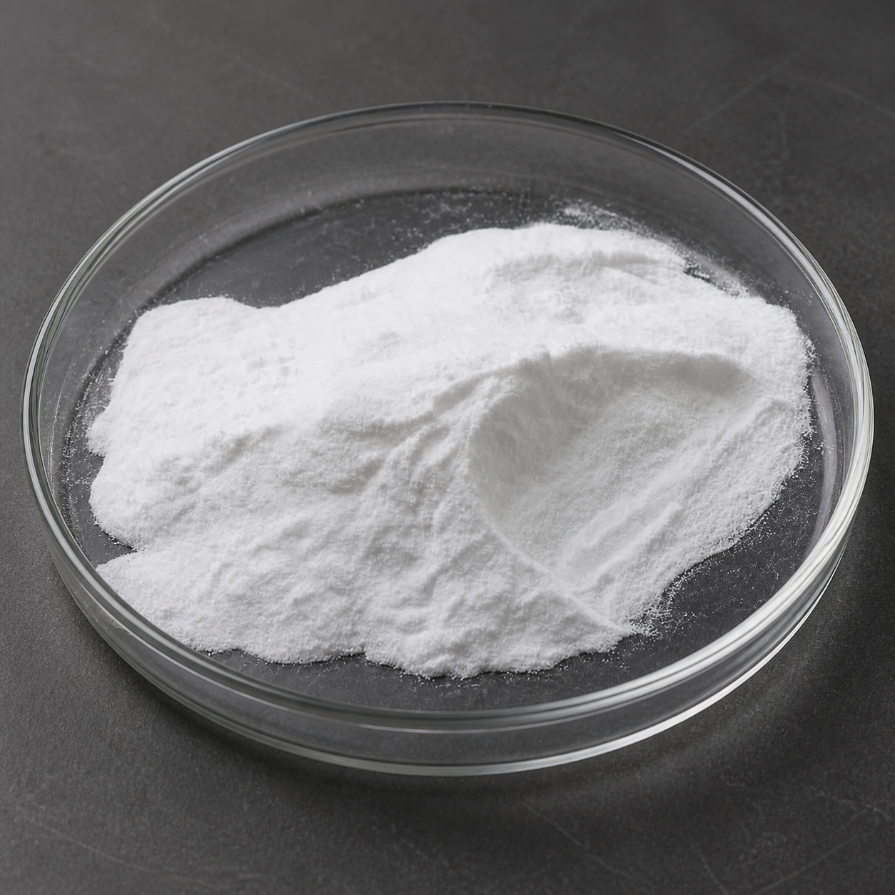 Fine white tetrabutylammonium hydrogen sulfate powder displayed in a clear glass dish on a dark laboratory surface.