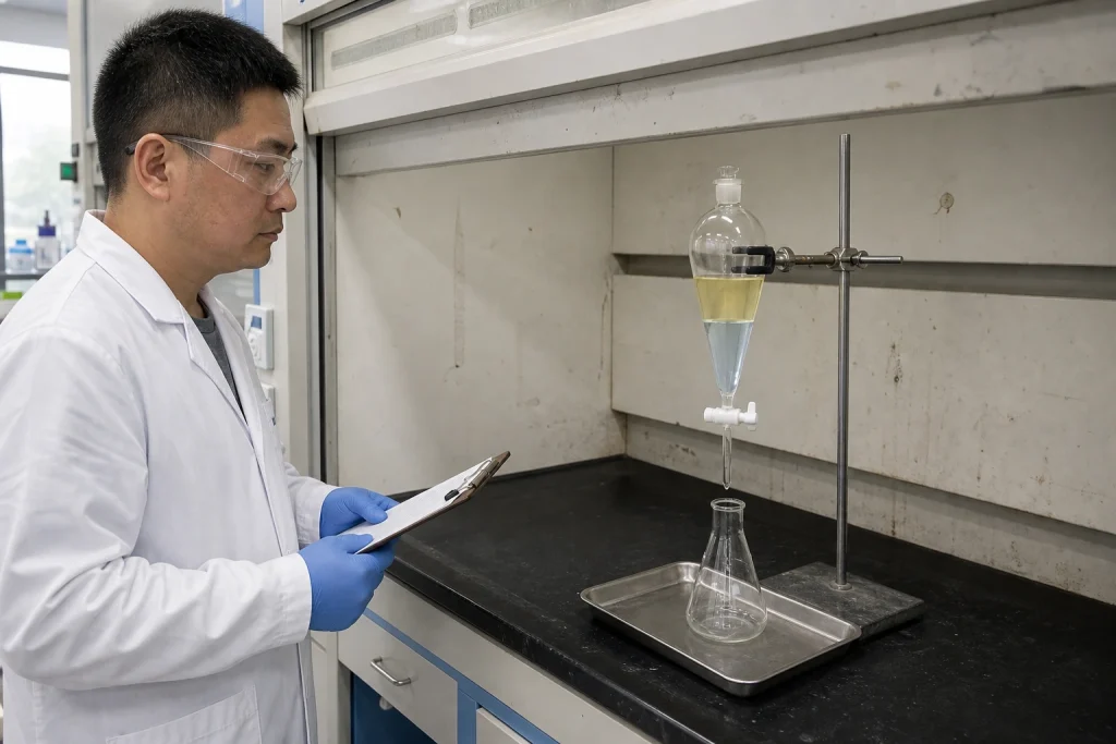 Chinese laboratory technician observes two settled liquid phases in a vertically clamped separatory funnel above a receiving flask.