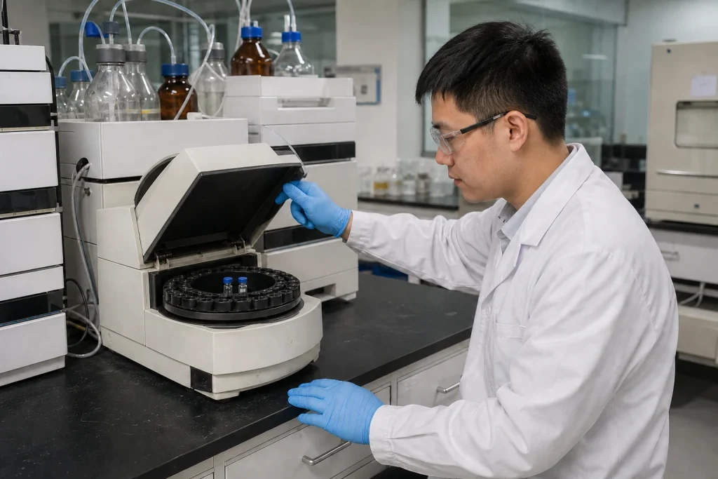 A Chinese QC analyst closes an HPLC autosampler over two capped vials seated in the circular carousel.