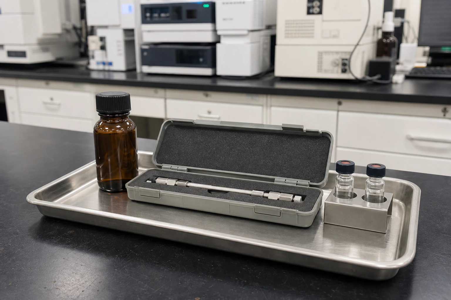 A sealed amber bottle, protected chiral HPLC column and two capped autosampler vials are arranged on a supported laboratory tray.