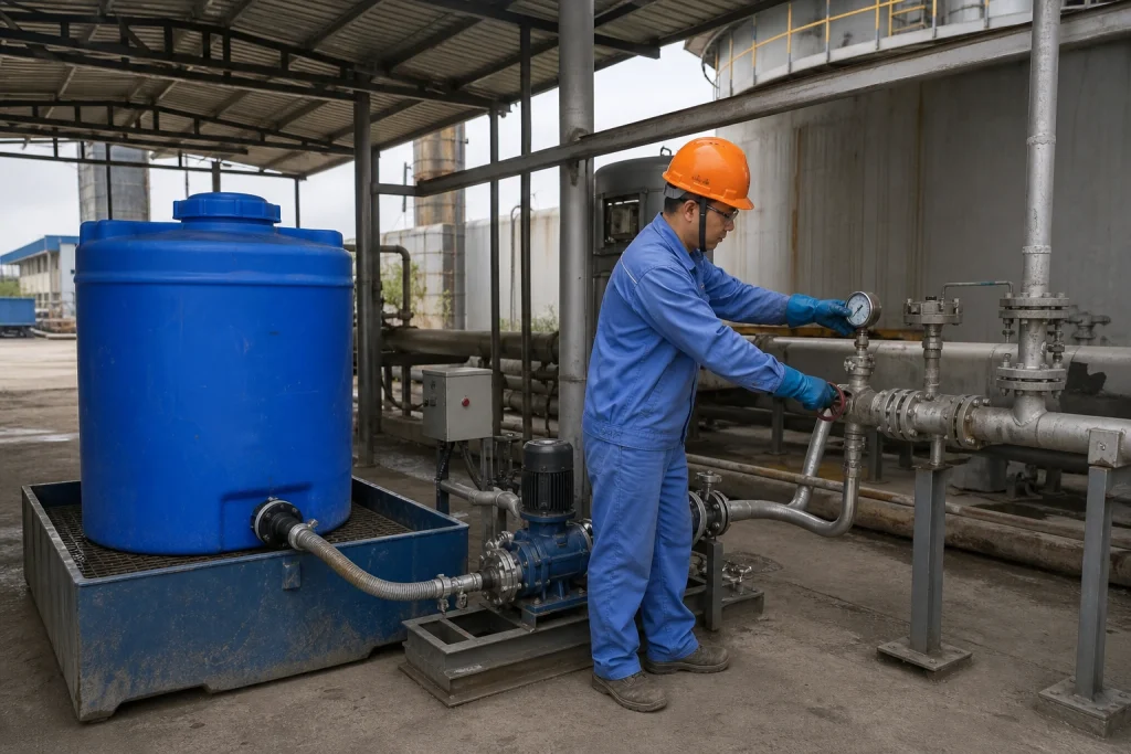 Chinese oilfield operator checks a closed pump and piping system used to dose liquid inhibitor into a drilling-fluid mixing line.