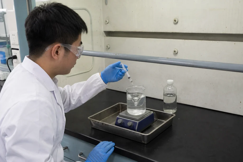 Chinese materials chemist adds a clear liquid by syringe to a stirred aqueous solution inside a laboratory fume hood.