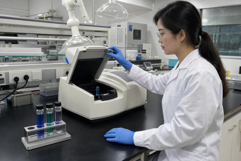 A Chinese chemist closes a UV-Vis sample compartment over a supported cuvette containing a blue-green solution.