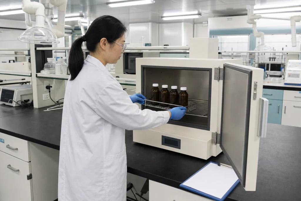 Chinese QC technician places four sealed amber disinfectant prototype bottles into a laboratory stability chamber.