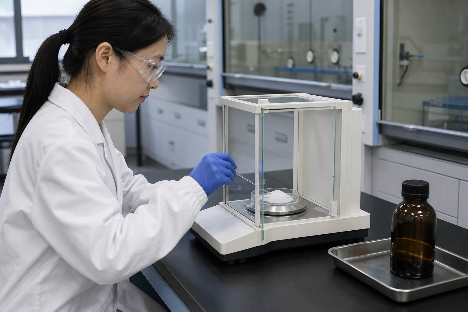 Chinese QC technician adjusts white crystalline DL-panthenol in a glass weighing dish centered on an analytical balance beside a closed amber storage bottle.