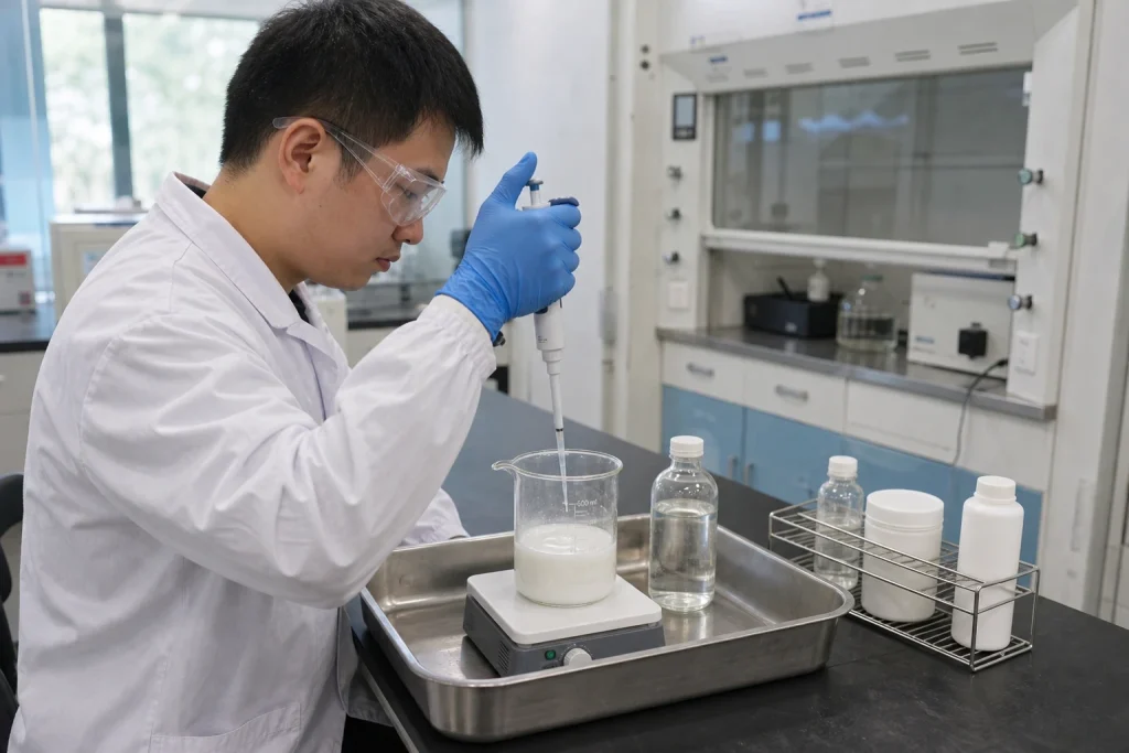 Chinese formulation chemist adds a clear ingredient solution by pipette to a gently stirred white emulsion beside unbranded laboratory samples.