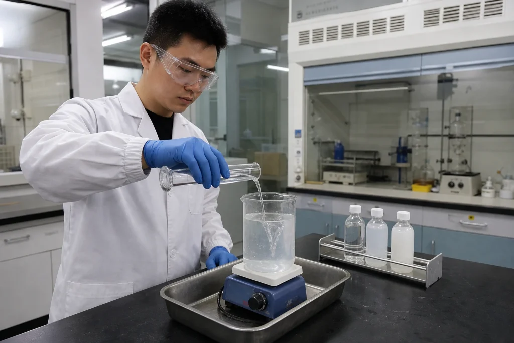 Chinese formulation chemist pours a clear stock solution into a stirred laboratory beaker beside capped formulation samples.