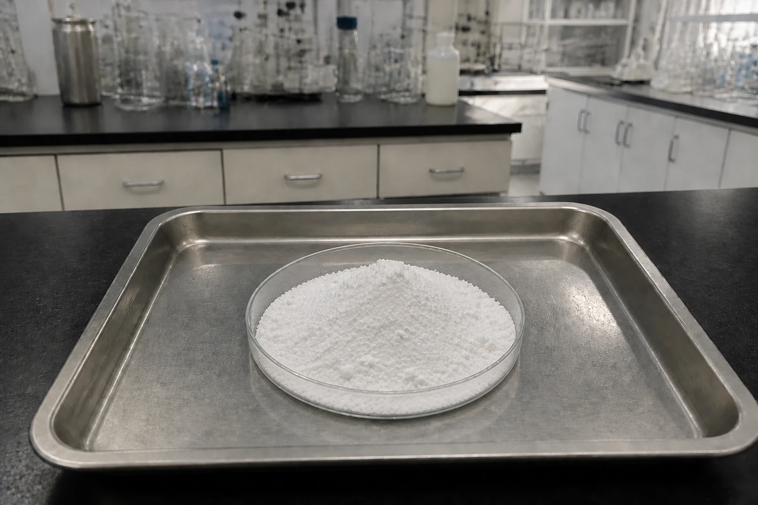 White 3-O-ethyl-L-ascorbic acid powder with small irregular clumps rests in a shallow glass dish on a supported laboratory tray.