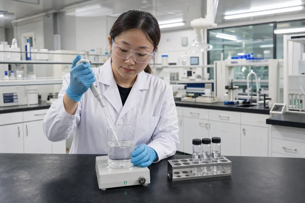 A Chinese formulation chemist adds a clear ingredient solution to a gently stirred transparent serum base beside capped laboratory samples.