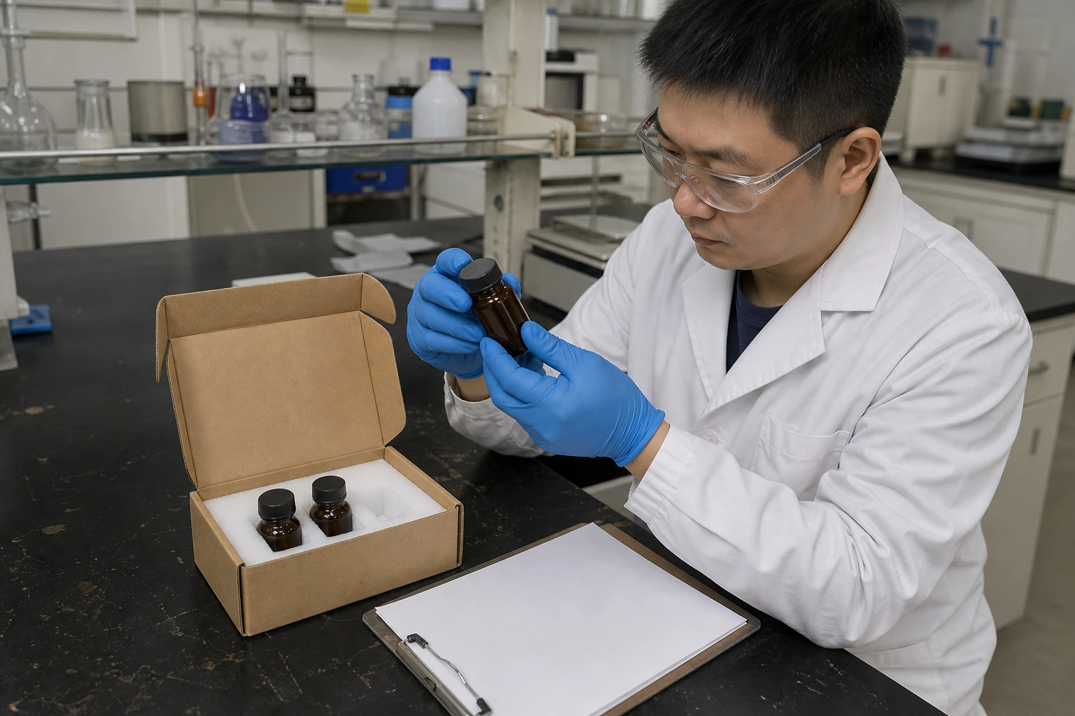 A Chinese QC technician examines a sealed amber sample bottle beside foam-packed vials on a laboratory receiving bench.