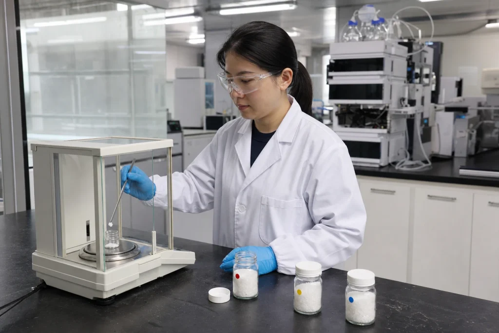 Chinese QC technician weighs crystalline material from three retained batch samples using an enclosed analytical balance.