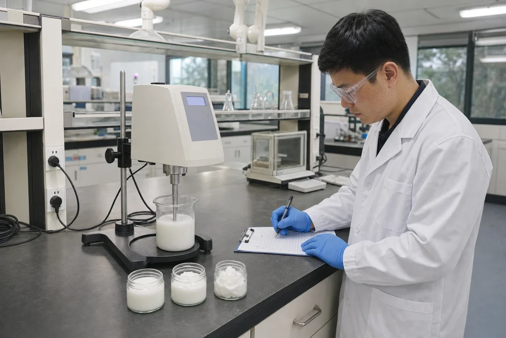 Chinese laboratory technician measuring the viscosity of a white personal-care emulsion and recording observations beside three sample jars.