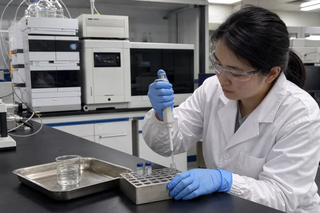 A Chinese QC analyst dispenses clear prepared sample solution into an HPLC vial secured in a metal rack.