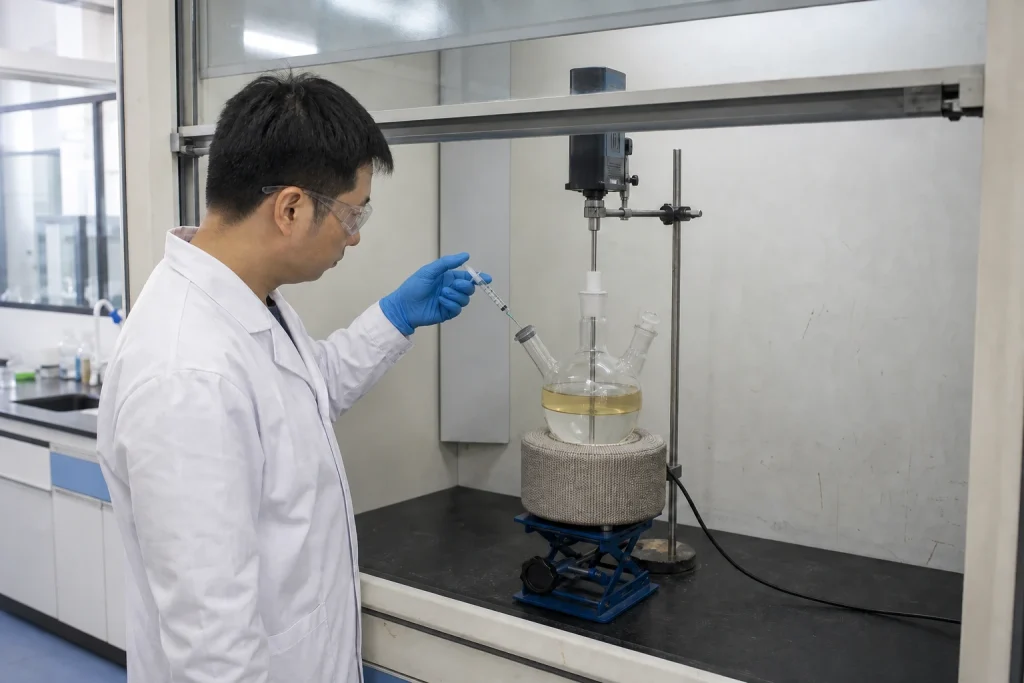Chinese organic chemist uses a syringe through a septum to add a clear test solution to a supported flask containing two liquid phases.