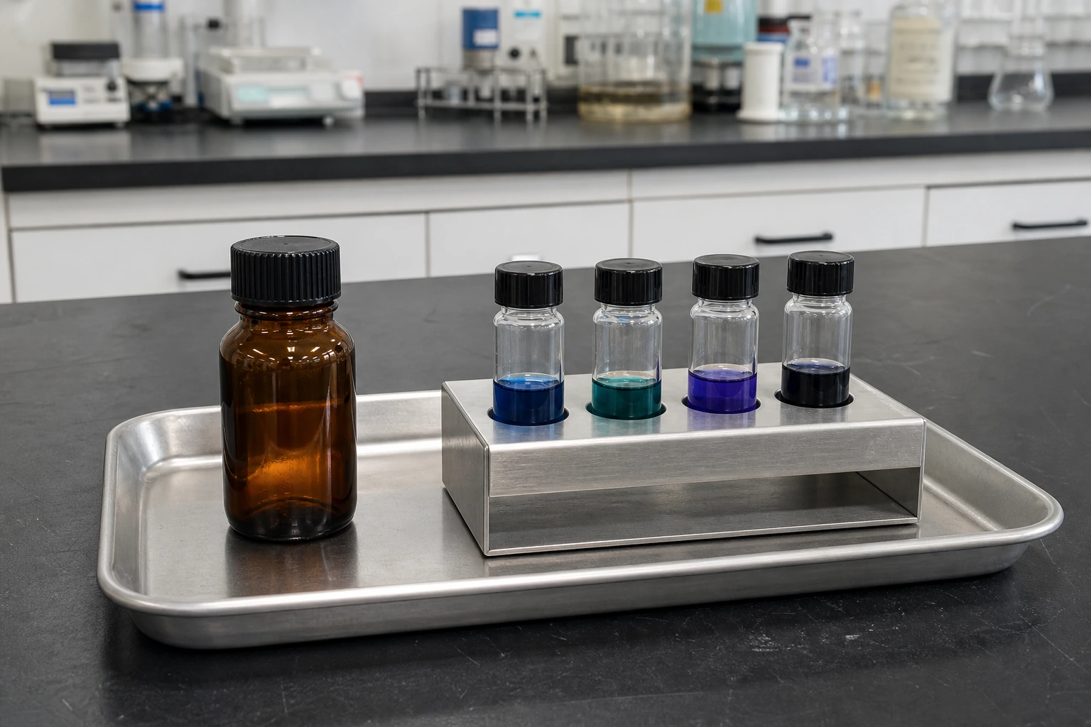 A sealed amber starting-material bottle stands beside capped blue, blue-green and violet research solutions in a supported laboratory rack.