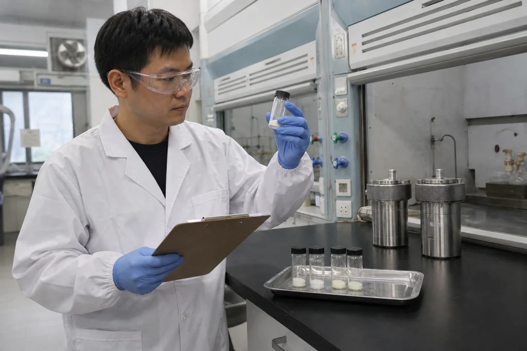 Chinese materials researcher examines a capped vial of off-white powder beside other batch samples and closed hydrothermal autoclaves.