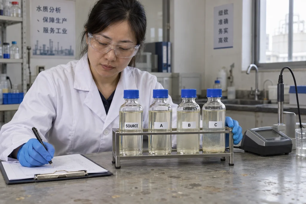 A Chinese water chemist records observations from capped source-water bottles labeled Source, A, B and C during a compatibility screen.