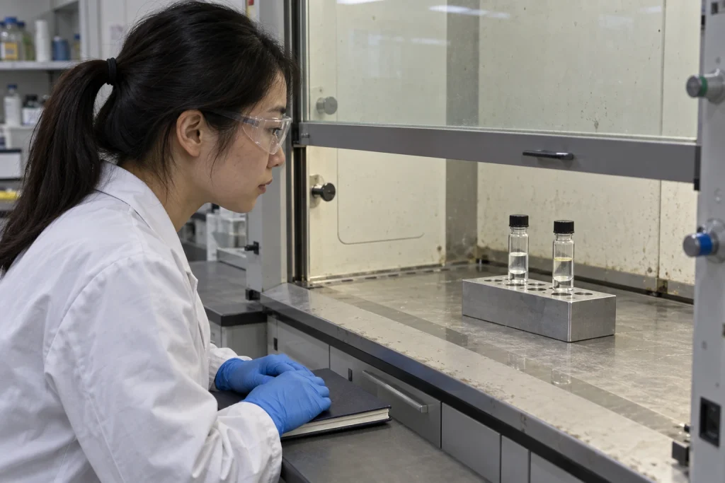 A chemist wearing goggles and gloves observes two capped vials containing layered liquids inside a fume hood.