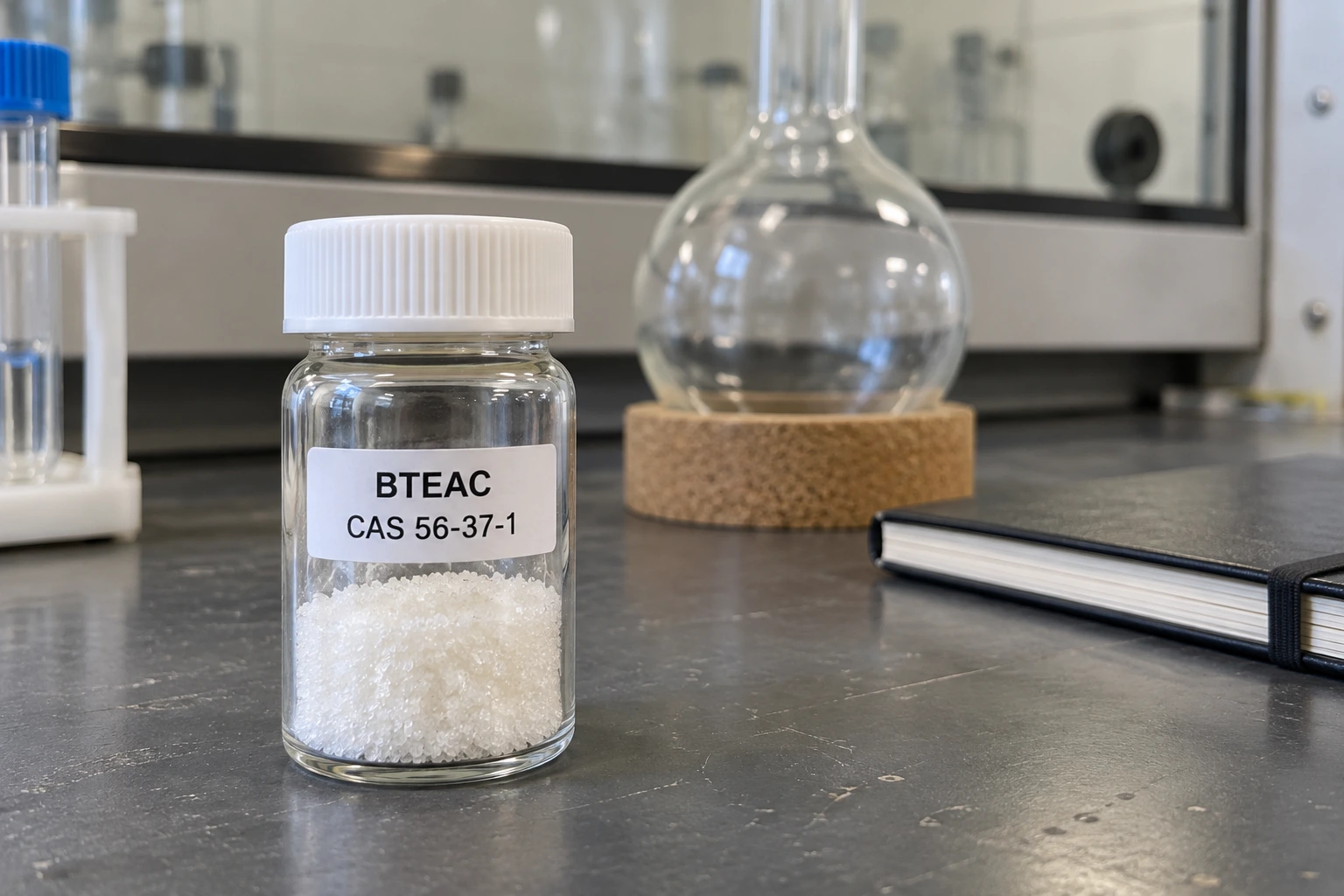 A sealed jar labeled BTEAC and CAS 56-37-1 contains white crystalline material beside a supported empty flask.