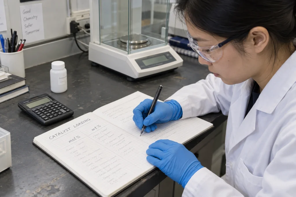 A chemist writes in a notebook headed Catalyst Loading beside a calculator and analytical balance.