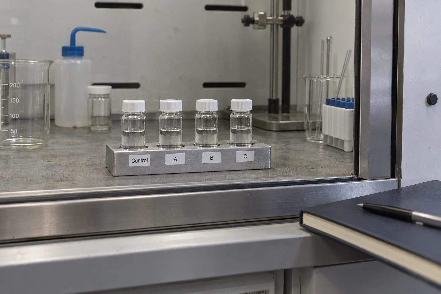 Four capped glass sample vials stand in a rack labeled Control, A, B and C inside a laboratory fume hood.