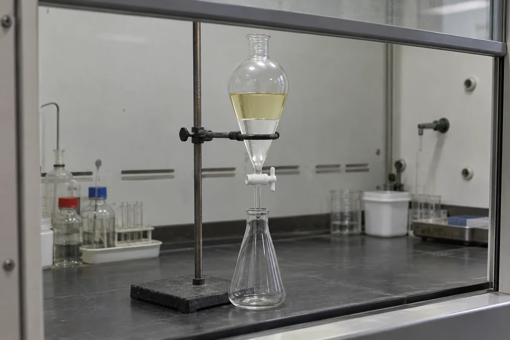 A chemist writes in a notebook headed Catalyst Loading beside a calculator and analytical balance.