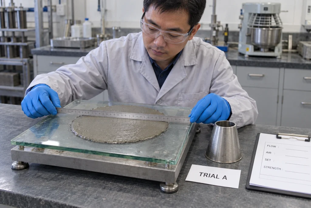 A Chinese materials technician measures the spread diameter of one coded fresh cement paste sample on a supported glass flow plate.