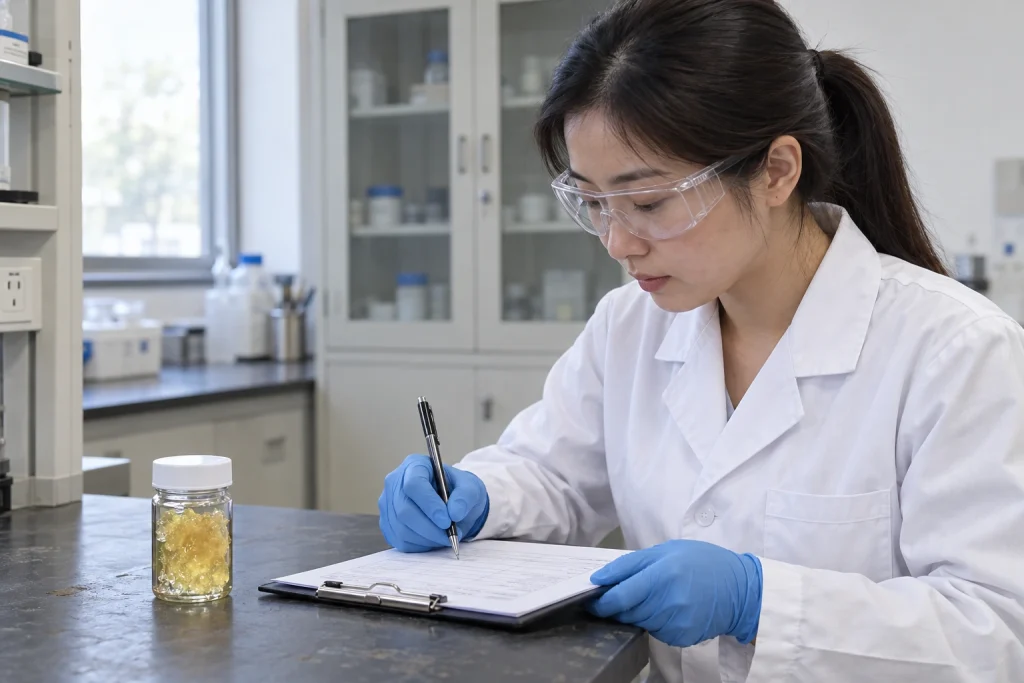 A chemist wearing goggles and gloves records information beside a sealed jar of amber material.