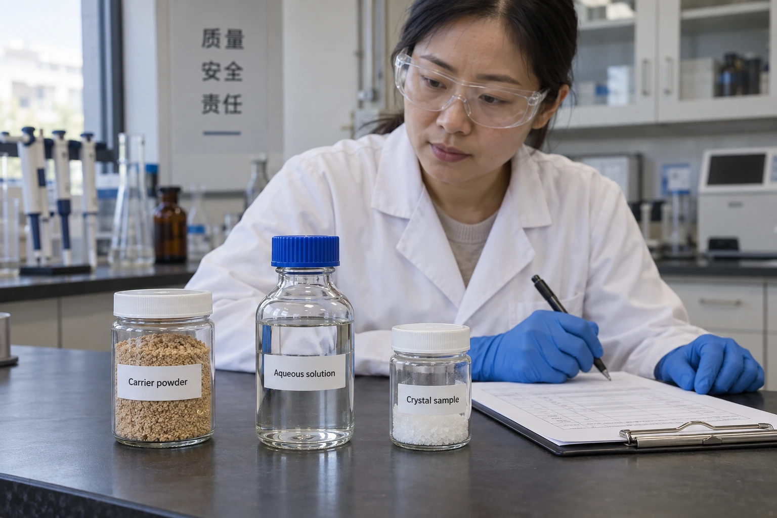 A Chinese QC chemist reviews sealed samples of tan carrier powder, clear aqueous solution and white crystalline material on a laboratory bench.