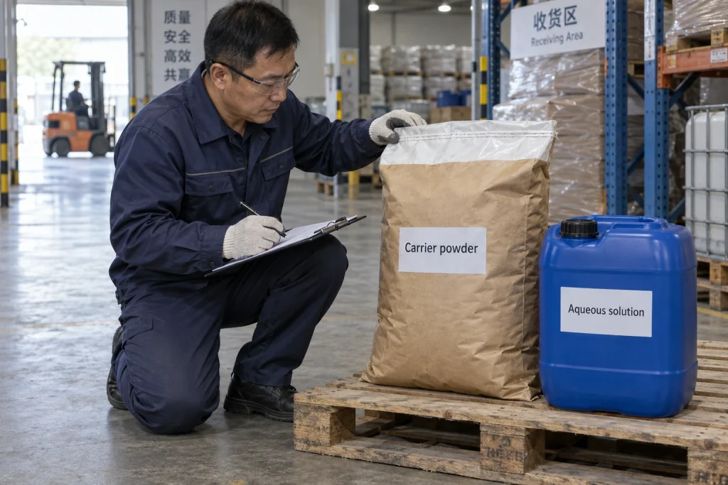 A warehouse inspector checks a sealed lined sack labeled Carrier powder beside a sealed blue jerrycan labeled Aqueous solution.
